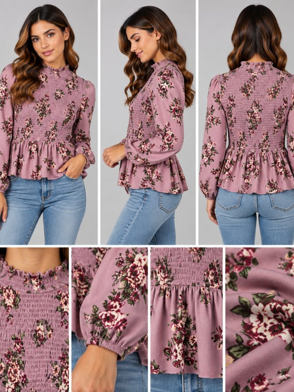 Crave Fame Women’s Pink Floral Smocked Peplum Long Sleeve Blouse S